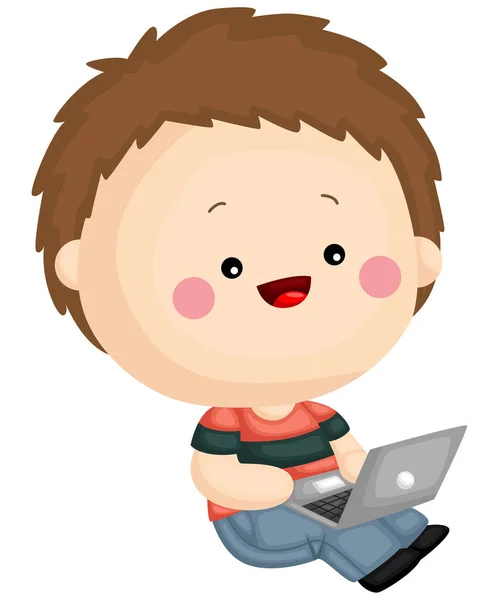 Kid Working His Laptop While Sitting — Stock Vector