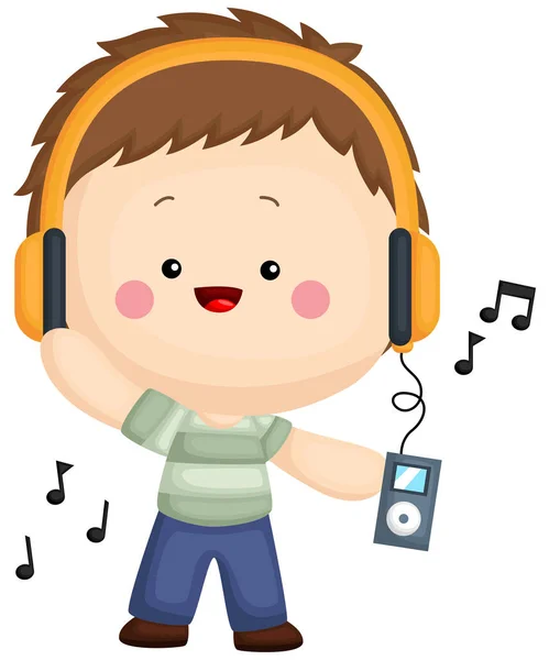 Een Kind Luisteren Naar Muziek Met Zijn Mp3 Speler — Stockvector