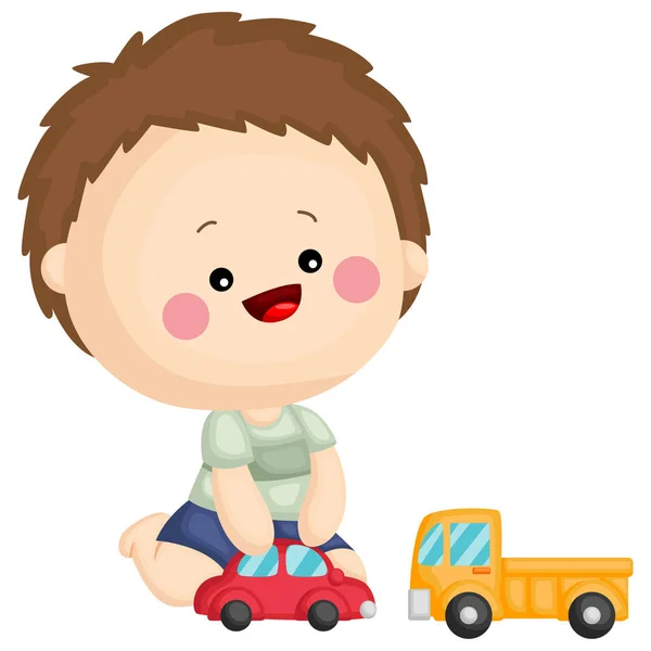 Uma Criança Brincando Com Seu Carro Brinquedo Caminhão Brinquedo — Vetor de Stock