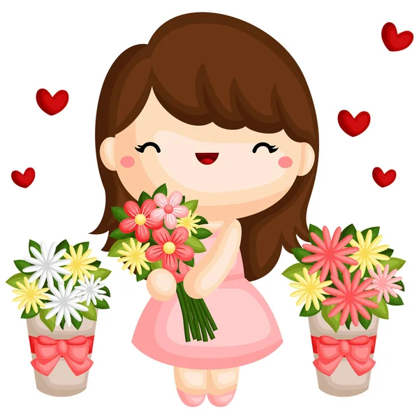 Una Chica Sosteniendo Ramo Flores — Vector de stock