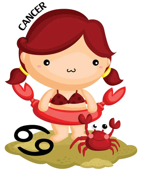 Semn Zodiacal Cancer Portretizat Fată Crab Nisip — Vector de stoc