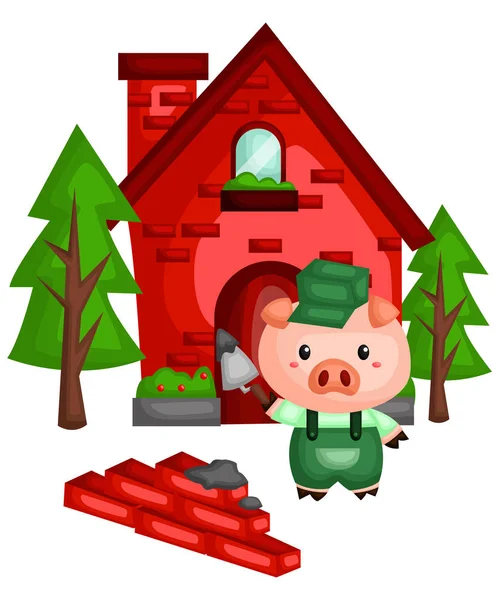 Pig Sturdy Brick House Made — Stock Vector