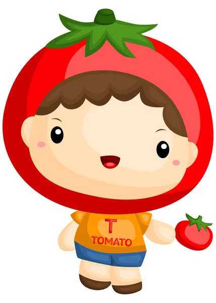 Menino Vestindo Traje Tomate Segurando Tomate —  Vetores de Stock