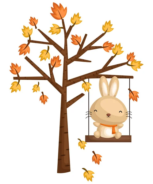 Conejo Jugando Columpio Árbol — Vector de stock