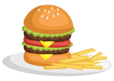bir hamburger ve patates kızartması tutan bir çocuğun bir vektör