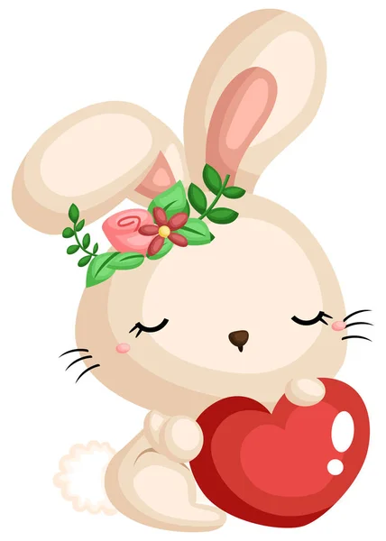 Симпатичный Кролик Держащий Сердце Время Ношения Цветочного Венка — стоковый вектор