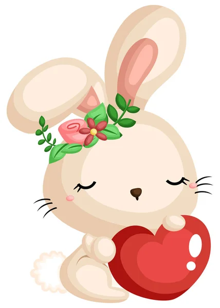 Cute Bunny Holding Heart While Wearing Flower Wreath — Stock Vector