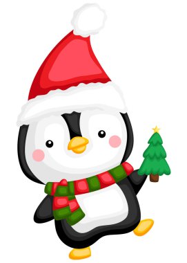 bir vektör küçük ağaç tutan bir sevimli penguen