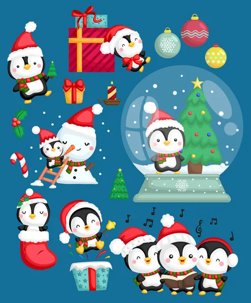 Conjunto Vectores Muchos Pingüinos Disfraz Santa — Archivo Imágenes Vectoriales