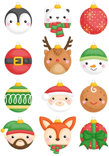 Conjunto Vectorial Animales Lindos Personajes Bolas Navidad Decoración — Archivo Imágenes Vectoriales