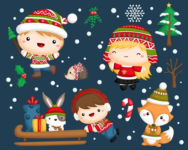 Conjunto Vectores Lindo Adorable Niños Ropa Invierno — Archivo Imágenes Vectoriales