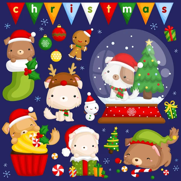 Conjunto Vectores Perrito Lindo Varias Poses Vestuario Para Celebración Navidad — Vector de stock