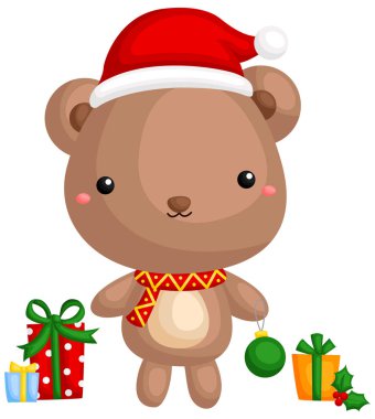 Sevimli küçük ayı hediye kutuları ile yılbaşı kostüm kullanarak bir vektör