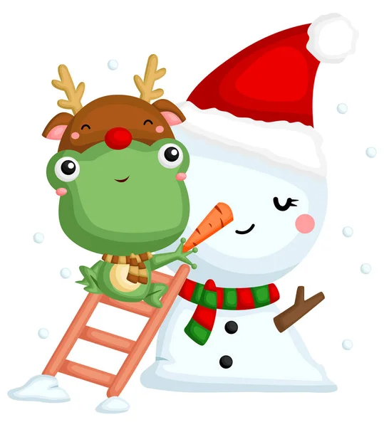 階段を登る可愛いカエルのベクトルを張って雪だるまニンジン鼻 — ストックベクタ