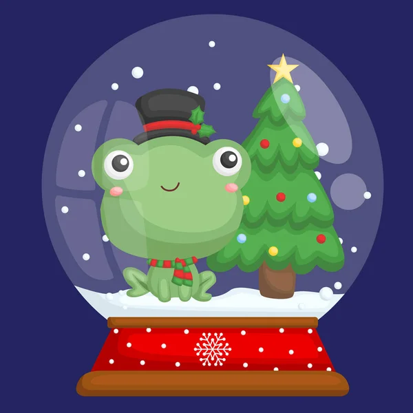 Ein Vektor Von Niedlichen Kleinen Frosch Sitzt Einer Weihnachtsschneekugel — Stockvektor