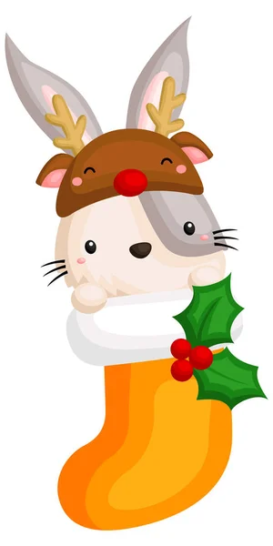 Vector Cute Little Bunny Hiding Christmas Sock Wearing Reindeer Hat — Stock Vector