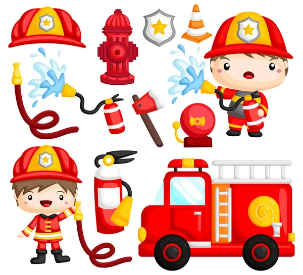 Set Immagini Molti Pompieri Oggetti Legati Pompiere — Vettoriale Stock