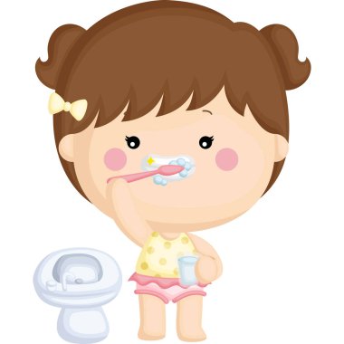 Küçük bir kız dişlerini fırçalama vektör kümesi