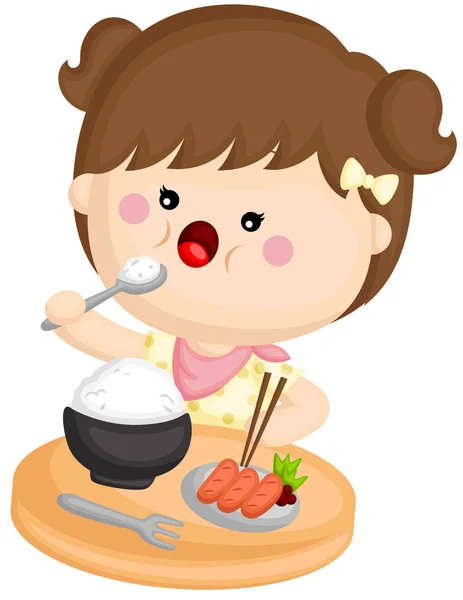 Векторный Набор Милой Маленькой Девочки Поедающей Рис Сосисками Овощами — стоковый вектор