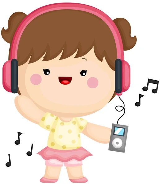 Conjunto Vetorial Uma Linda Menina Gosta Ouvir Música — Vetor de Stock