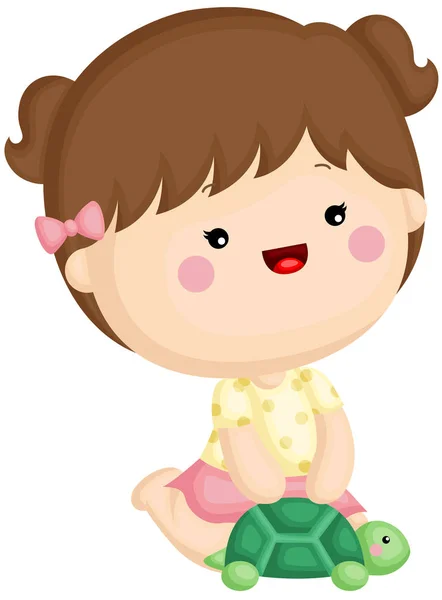 Vector Set Cute Little Girl Playing Turtle Doll — Stock Vector