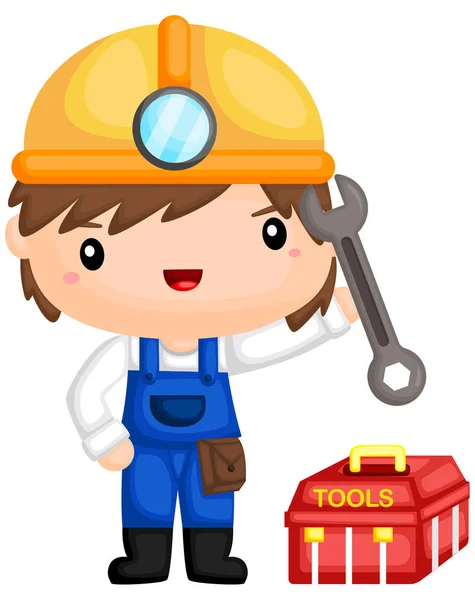 Construction Man His Tools Toolbox — Stock Vector