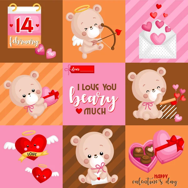 Vector Cute Bears Card Celebrating Valentines Day Square Composition Saying — Stock vektor