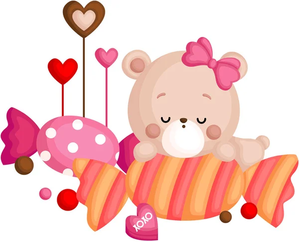 Vector Cute Little Bear Sleeping Candy — Stock Vector