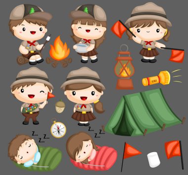a vector collection of boy and girl scouts  clipart