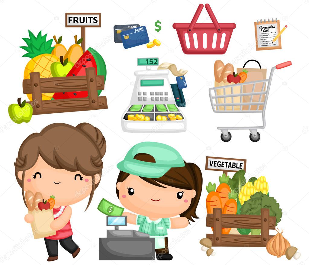 a vector of a woman buying groceries