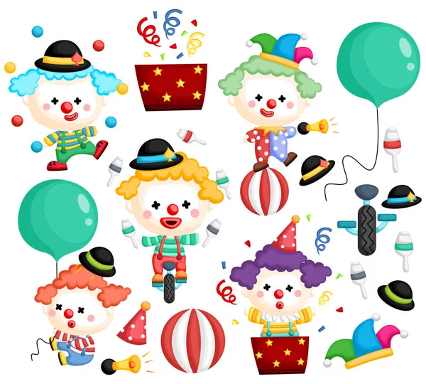 Vector Clown Vector Set Many Poses — Stock Vector