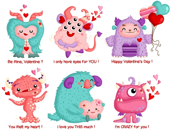 Vektor Uppsättning Söta Monster Firar Valentine Med Kärlek — Stock vektor