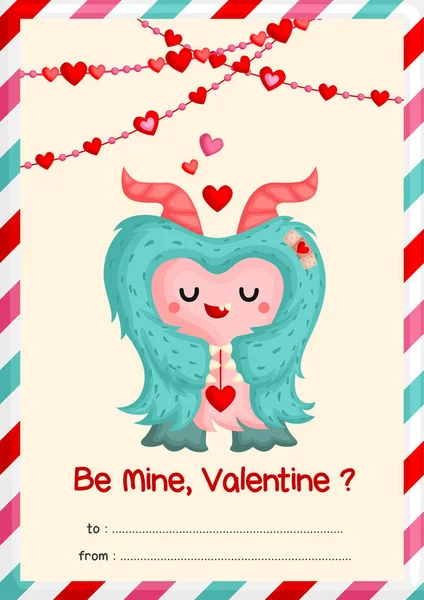 Card Cute Hairy Monsterholding Heart Decoration Happy Celebrate Valentine Day — стоковый вектор