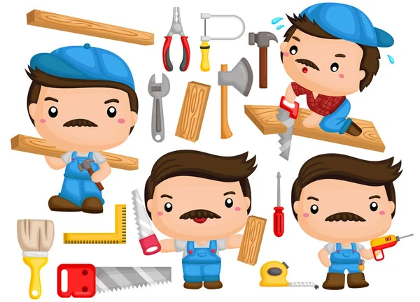 Vector Carpenter Many Poses Tools — Stock Vector