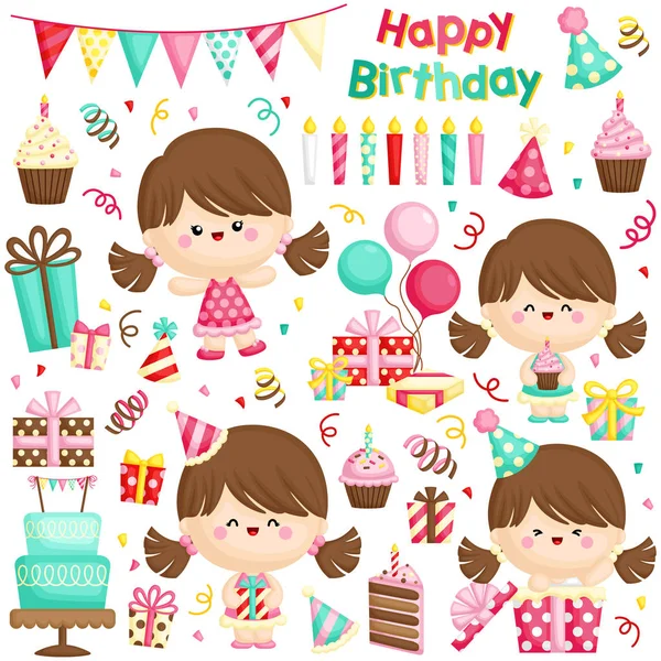 Vector Set Cute Little Girl Celebrating Her Birthday Lots Gifts — Stock Vector