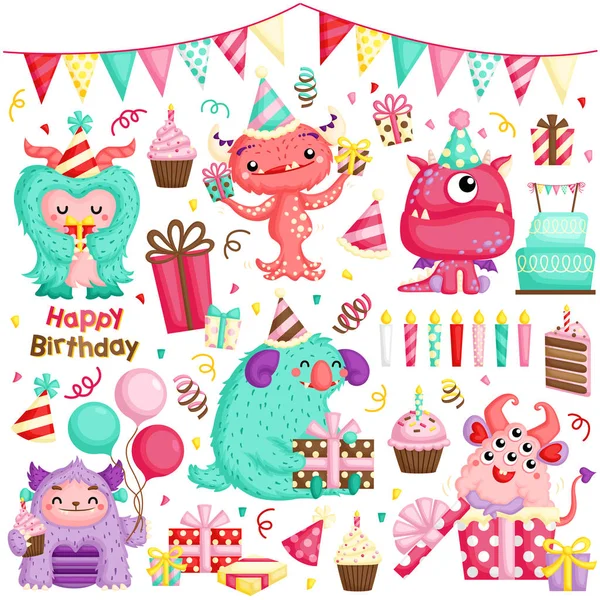 Vector Set Cute Little Girly Monster Celebrating Birthday Lots Gifts — Stock Vector