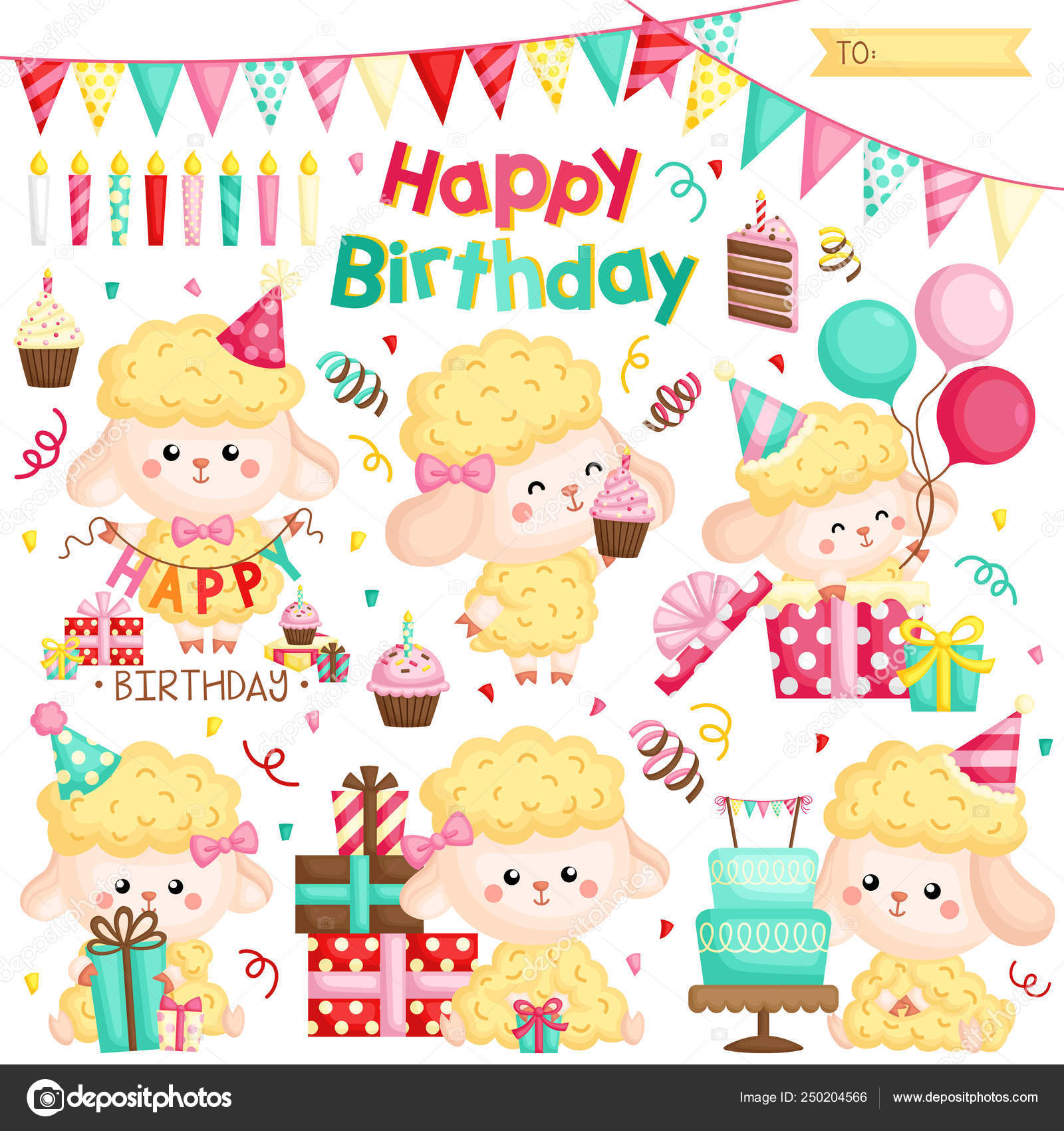Vector Set Various Cute Girly Sheep Celebrating Birthday Cakes