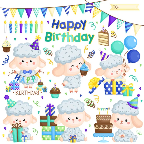 Vector Set Various Cute Sheep Celebrating Birthday Cakes Many Gifts — Stock Vector