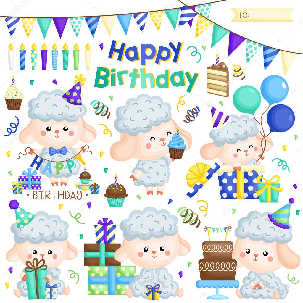 A Vector Set of Various Cute Sheep Celebrating Birthday with Cakes and Many Gifts