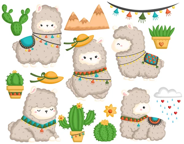 Ensemble Vectoriel Lama Mignon Nombreux Cactus — Image vectorielle