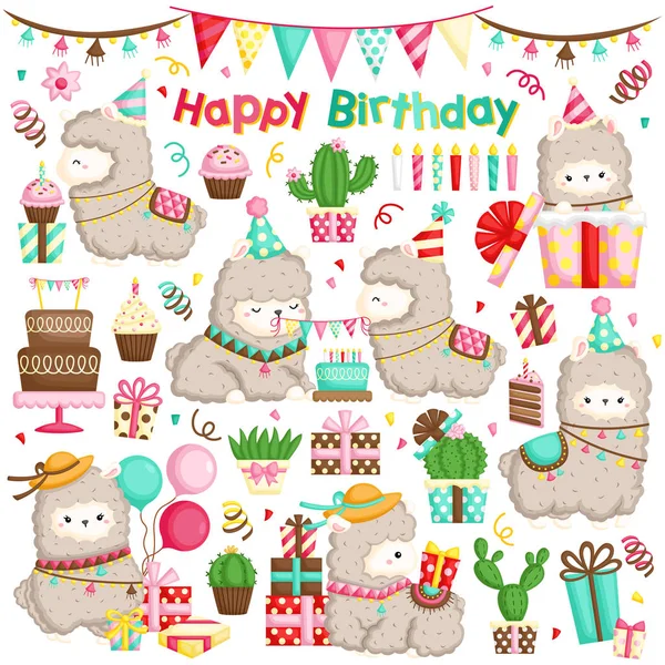 Vector Set Cute Alpaca Celebrating Birthday Cakes Many Gifts — Stock Vector