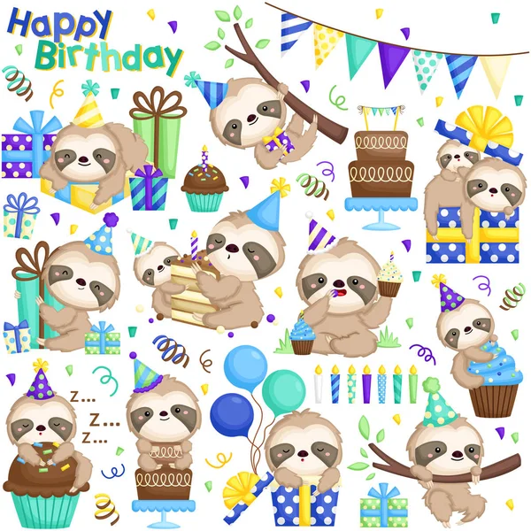 Vector Set Cute Sloth Celebrating Birthday Cakes Many Gifts — Stock Vector