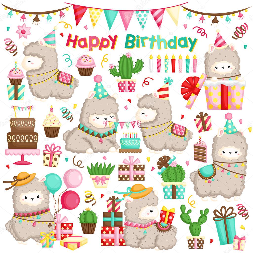 A Vector Set of Cute Alpaca Celebrating Birthday with Cakes and Many Gifts