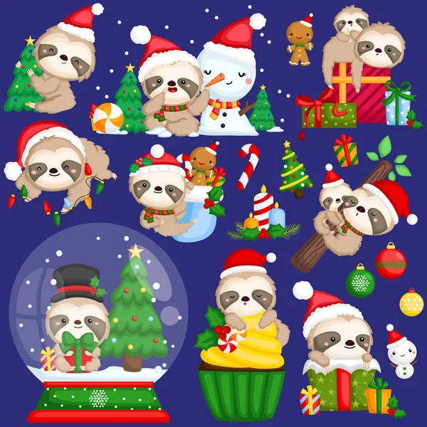 Vector Set Cute Sloth Wearing Christmas Stuffs Decorations — Stock Vector