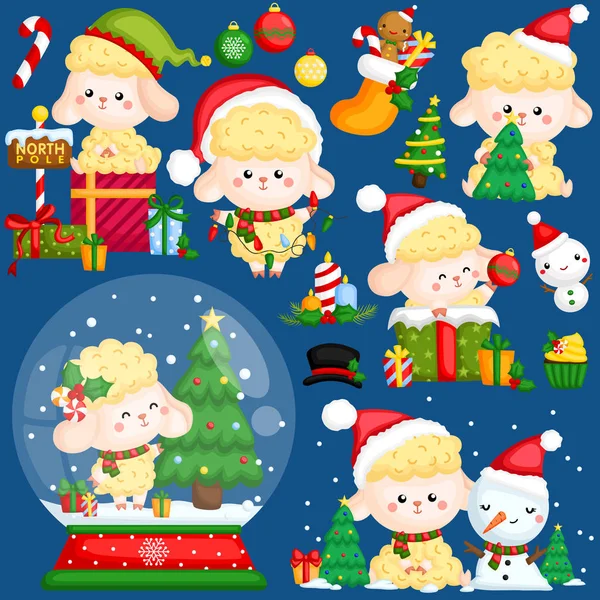 Conjunto Vectorial Ovejas Lindas Que Usan Cosas Decoraciones Navidad — Archivo Imágenes Vectoriales