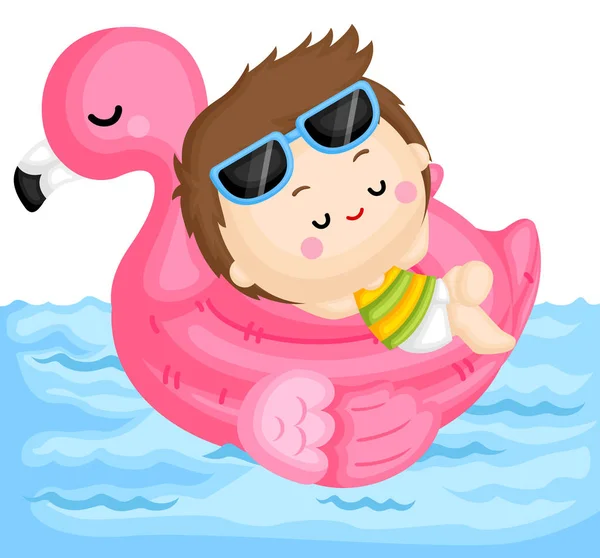 可爱的小男孩的向量放松在粉红色的火烈鸟漂浮在游泳池 — 图库矢量图片