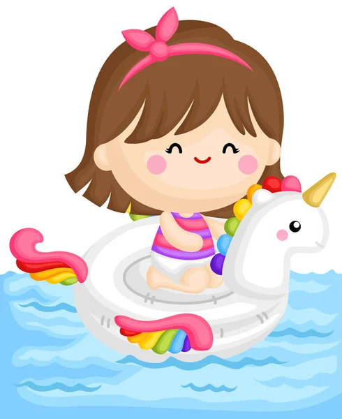 Vector Cute Little Girl Sitting Top Unicorn Float Pool — стоковый вектор