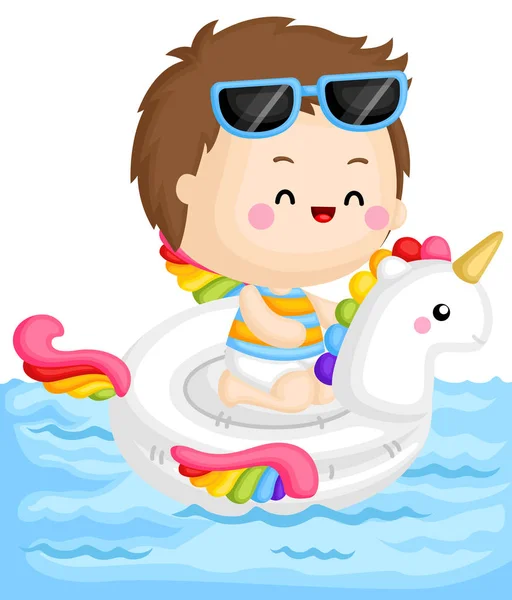 Vector Lindo Niño Sentado Parte Superior Unicornio Flotan Piscina — Archivo Imágenes Vectoriales