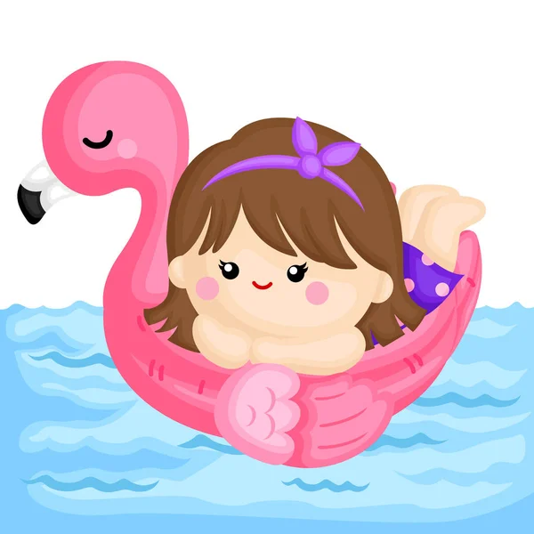 Vetor Menina Bonito Relaxando Cima Flamingo Pink Flamingo Flutuar Piscina — Vetor de Stock