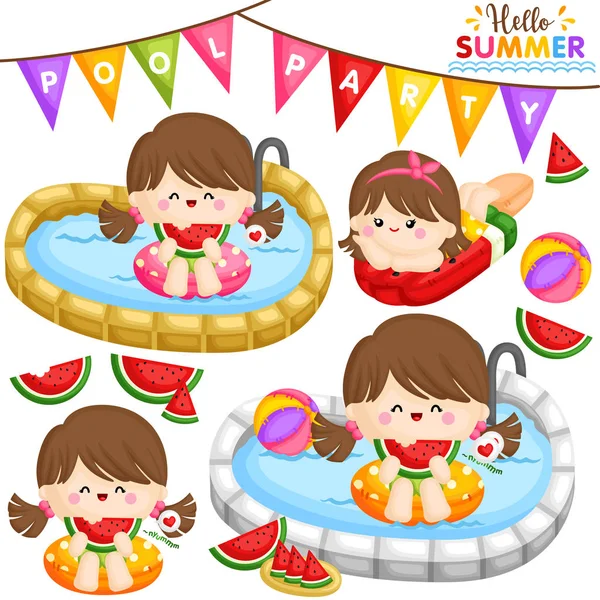 Vector Cute Little Girls Eating Sweet Watermelon Partying Pool — Stock Vector